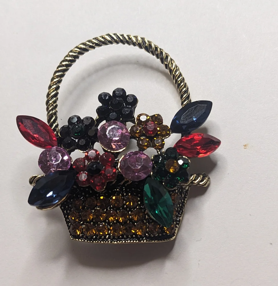 Vintage Multicolor Rhinestone Flower‎ Basket Brooch